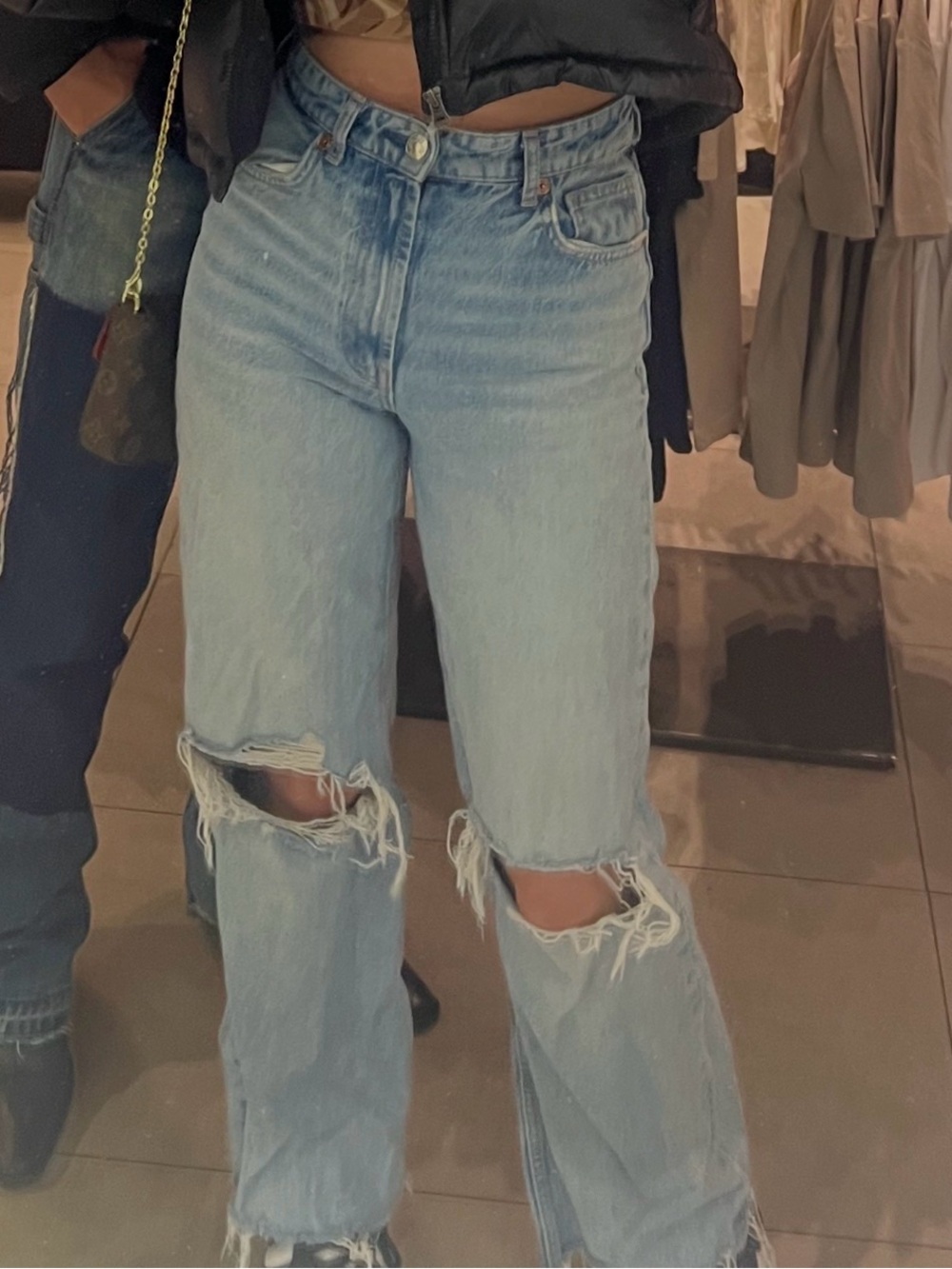 Zara Light Blue High-Rise Distressed Straight Jeans